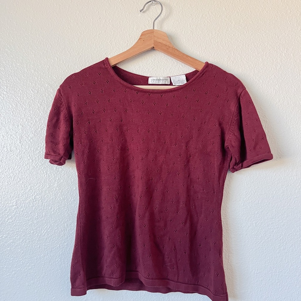Liz Claiborne Short Sleeve Eyelet Knit Top in Maroon